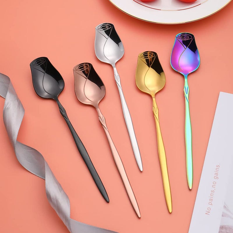 JYYHSF Stainless Steel Spoon Set 5 Pack  Rose flower shaped spoon  Coffee spoon Dessert Spoon  Ice Cream Spoons  tea spoons Love spoon  Cute holiday gift (Multicolor) - Image 1